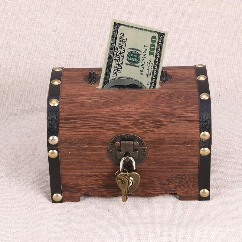 Premium Wooden Treasure Chest Piggy Bank – with Lock & Key