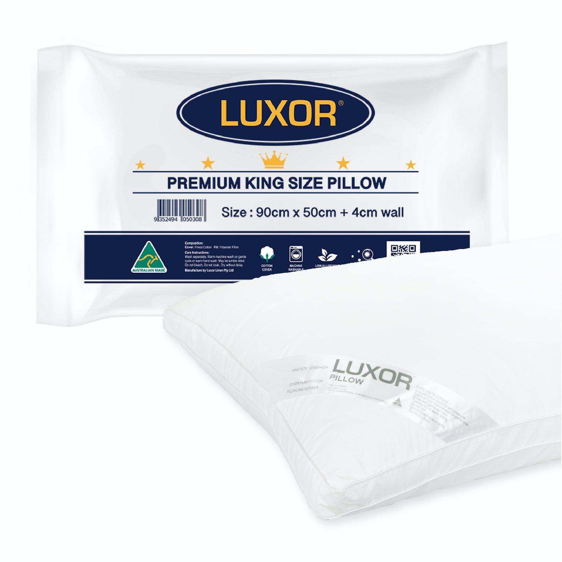 Luxor Australian Made King Size Pillow 90cm x 50cm + 4cm Wall, Memory Fibre - SuperSaverAU - view 1