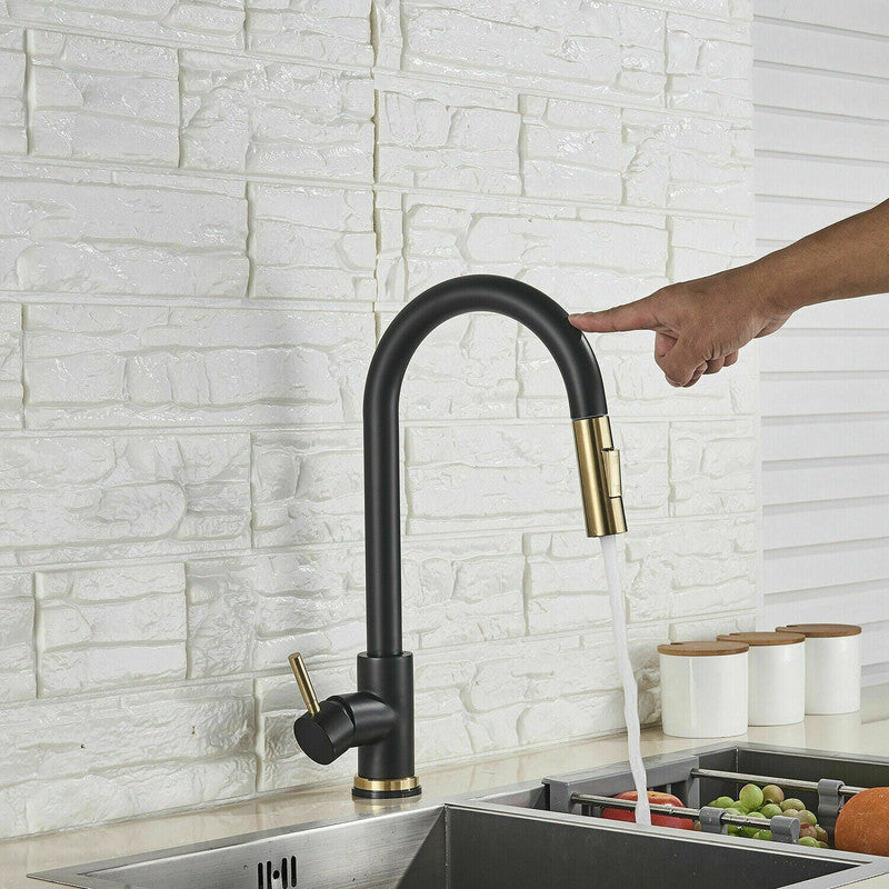 Brushed Gold & Matte Black Pull-out Spray Kitchen Mixer Tap 420mm - SuperSaverAU - view 3
