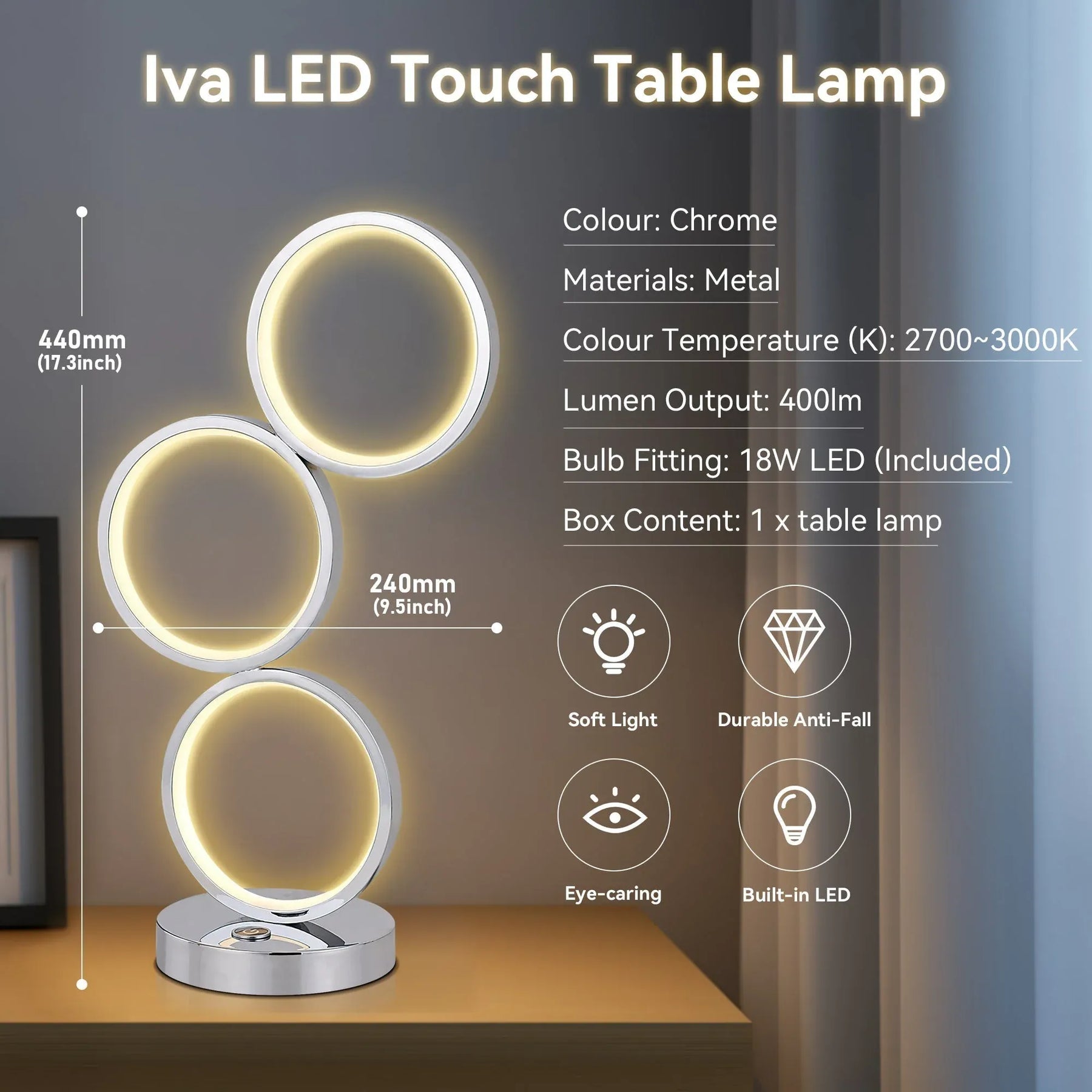 Iva LED Touch Table Lamp – Chrome 44cm, 18W Circular Light Design