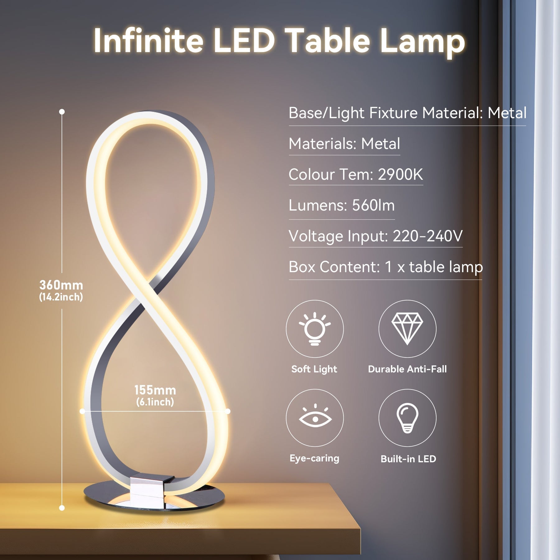 Infinite LED Table Lamp – Chrome Metal Base 36cm, 560lm