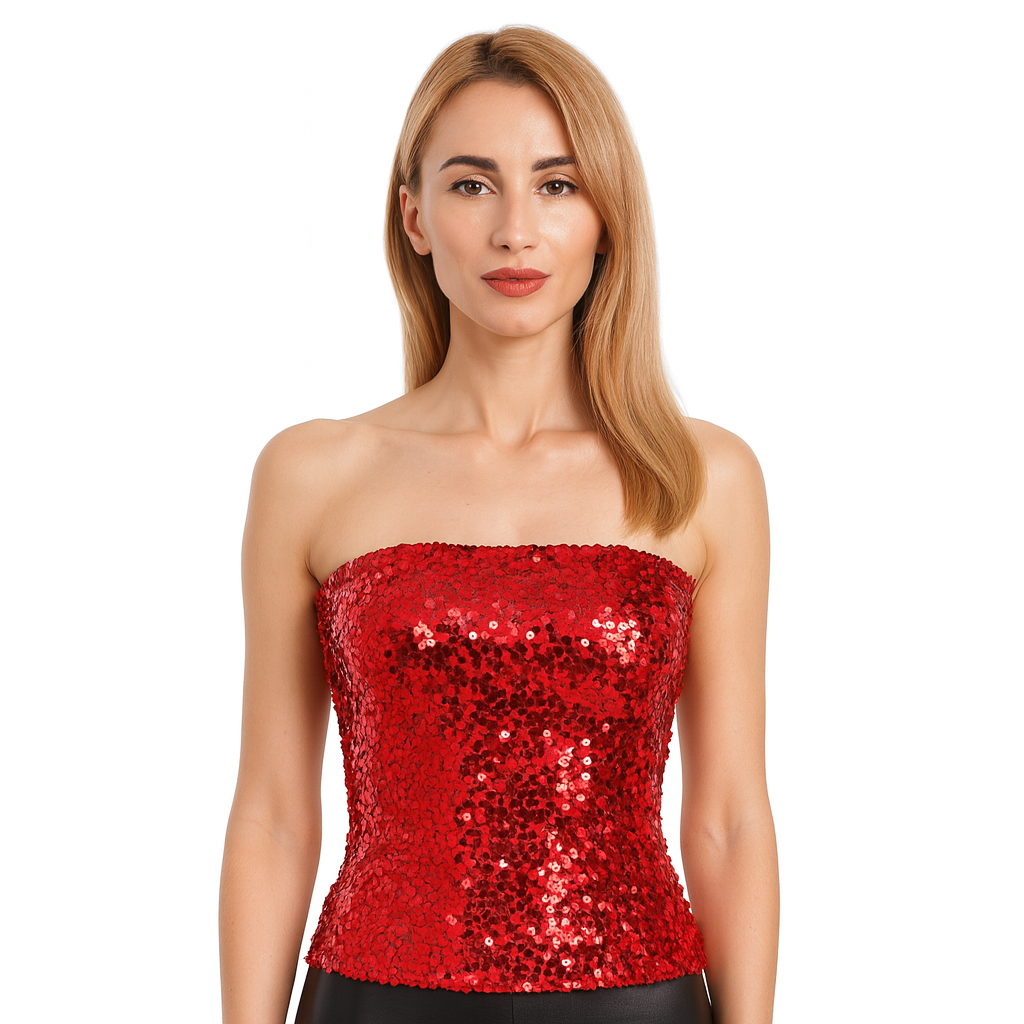 Womens SEQUIN BANDEAU CROP TOP Sparkling Sparkly Costume Tube - Red - SuperSaverAU - view 2