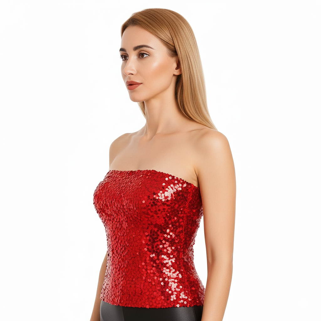 Womens SEQUIN BANDEAU CROP TOP Sparkling Sparkly Costume Tube - Red - SuperSaverAU - view 3