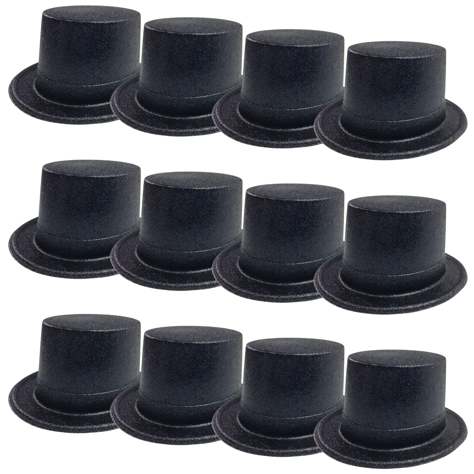 Premium Glitter Top Hats - Black, 12 Pack