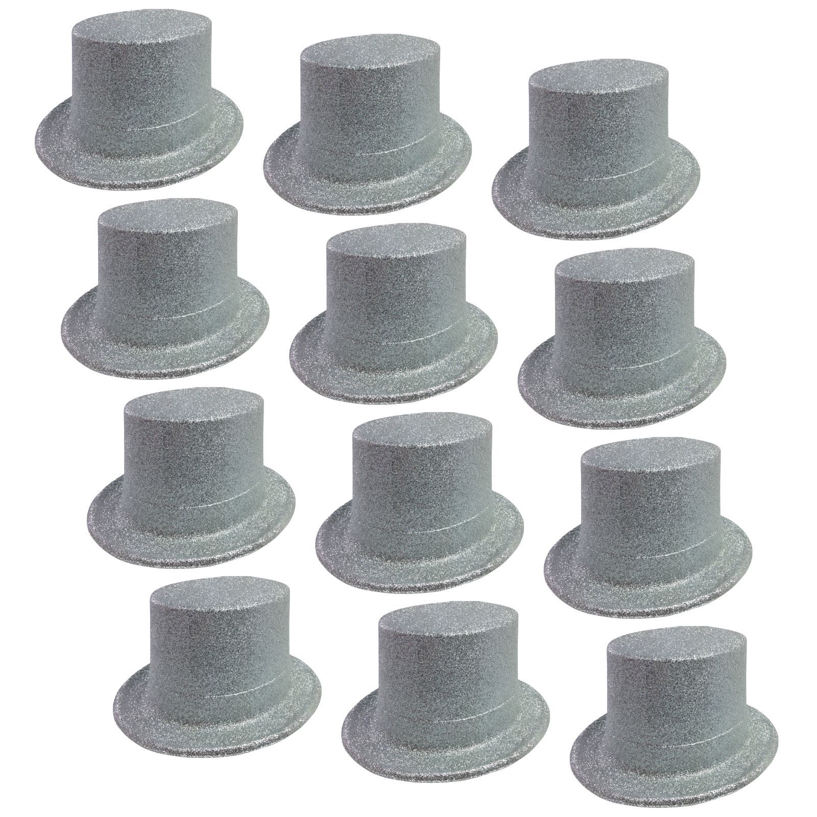 Premium Glitter Top Hats - Silver, 12 Pack