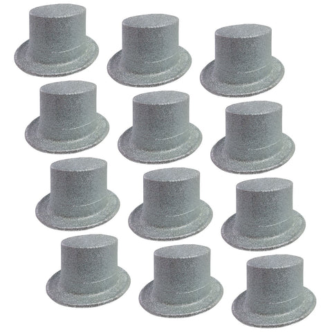 Premium Glitter Top Hats - Silver, 12 Pack