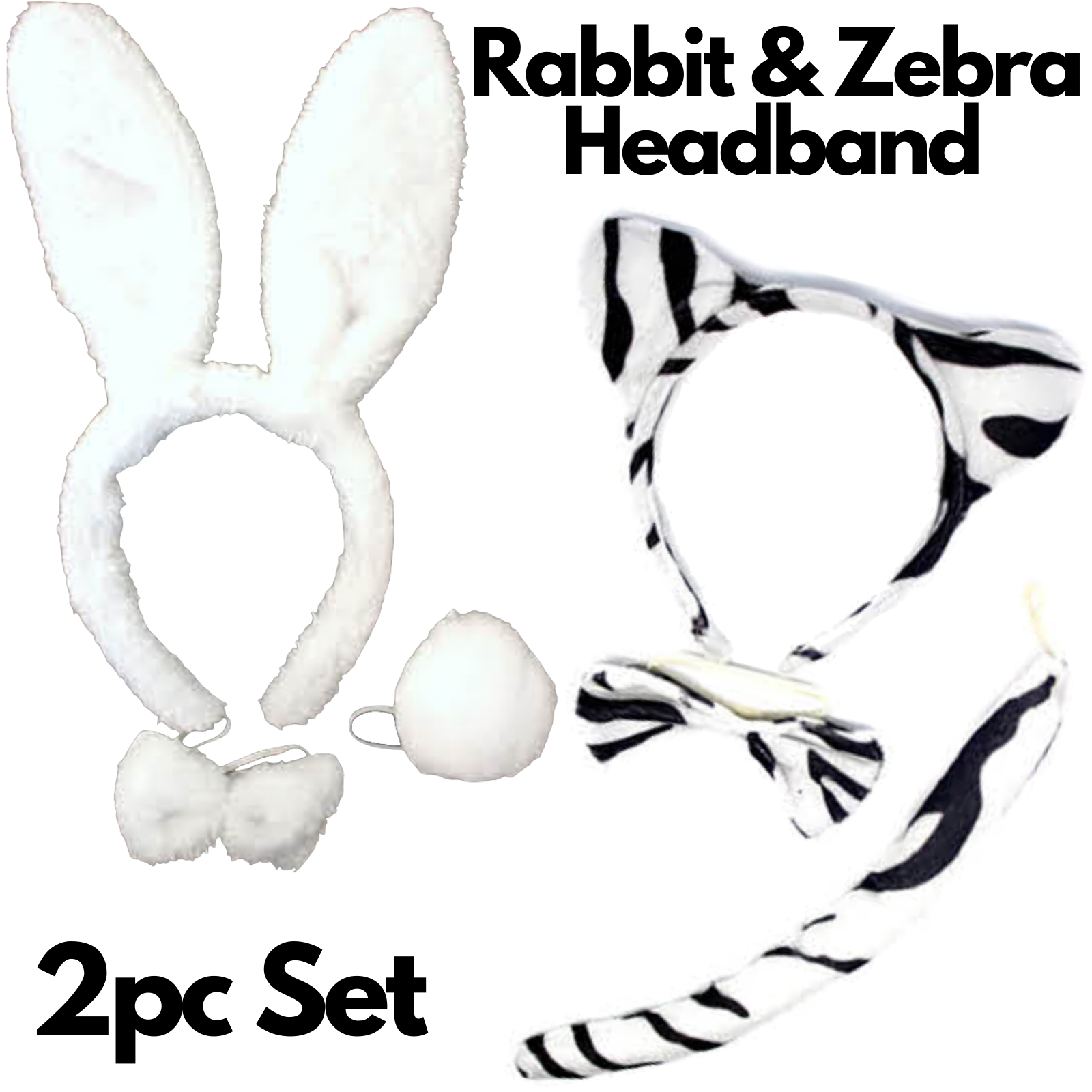 2pc Set Animal Headband w Bow Tail Rabbit + Zebra Ears Costume Halloween Party - SuperSaverAU - view 2