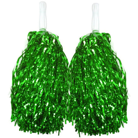 Premium Metallic Cheerleading Pom Poms with Easy-Grip Handles - Green, Set of 2
