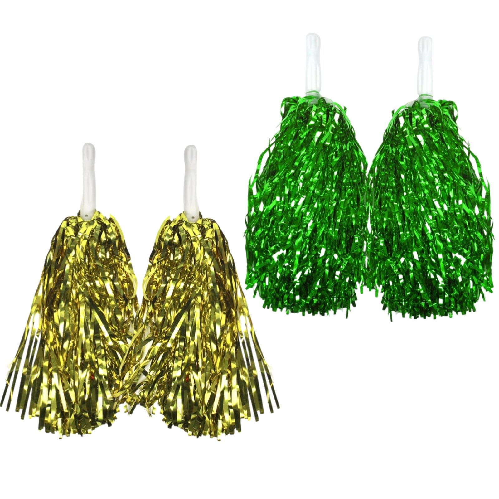 Premium Green & Yellow Metallic Cheerleading Pom Poms with Easy-Grip Handles - 2 Pairs