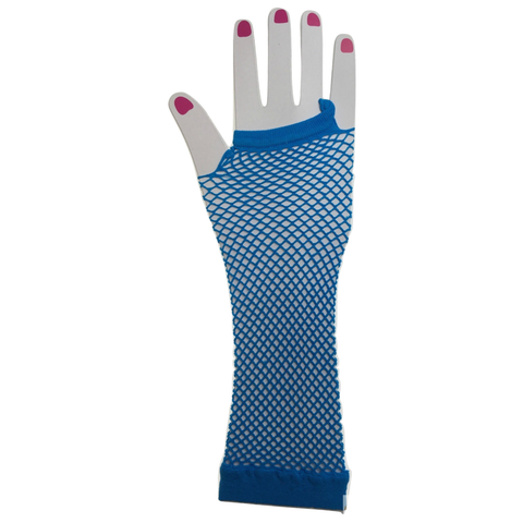 Premium Elbow Length Fingerless Fishnet Gloves - Blue