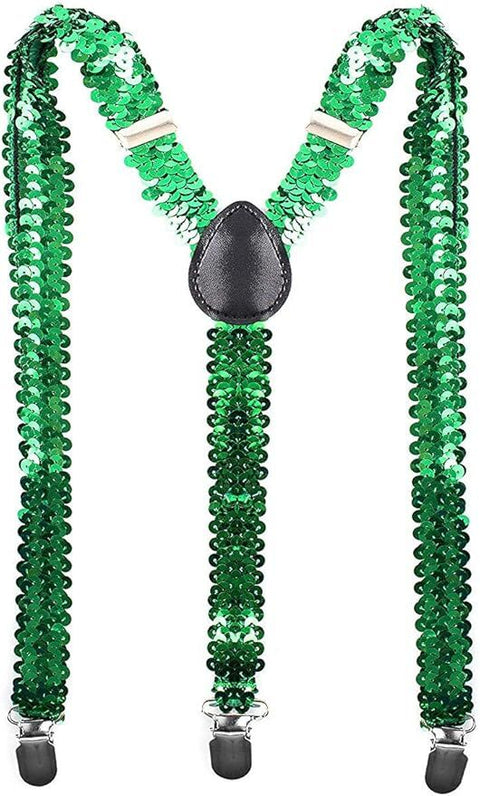 Premium Green Sequin Elastic Y Back Clip On Suspenders