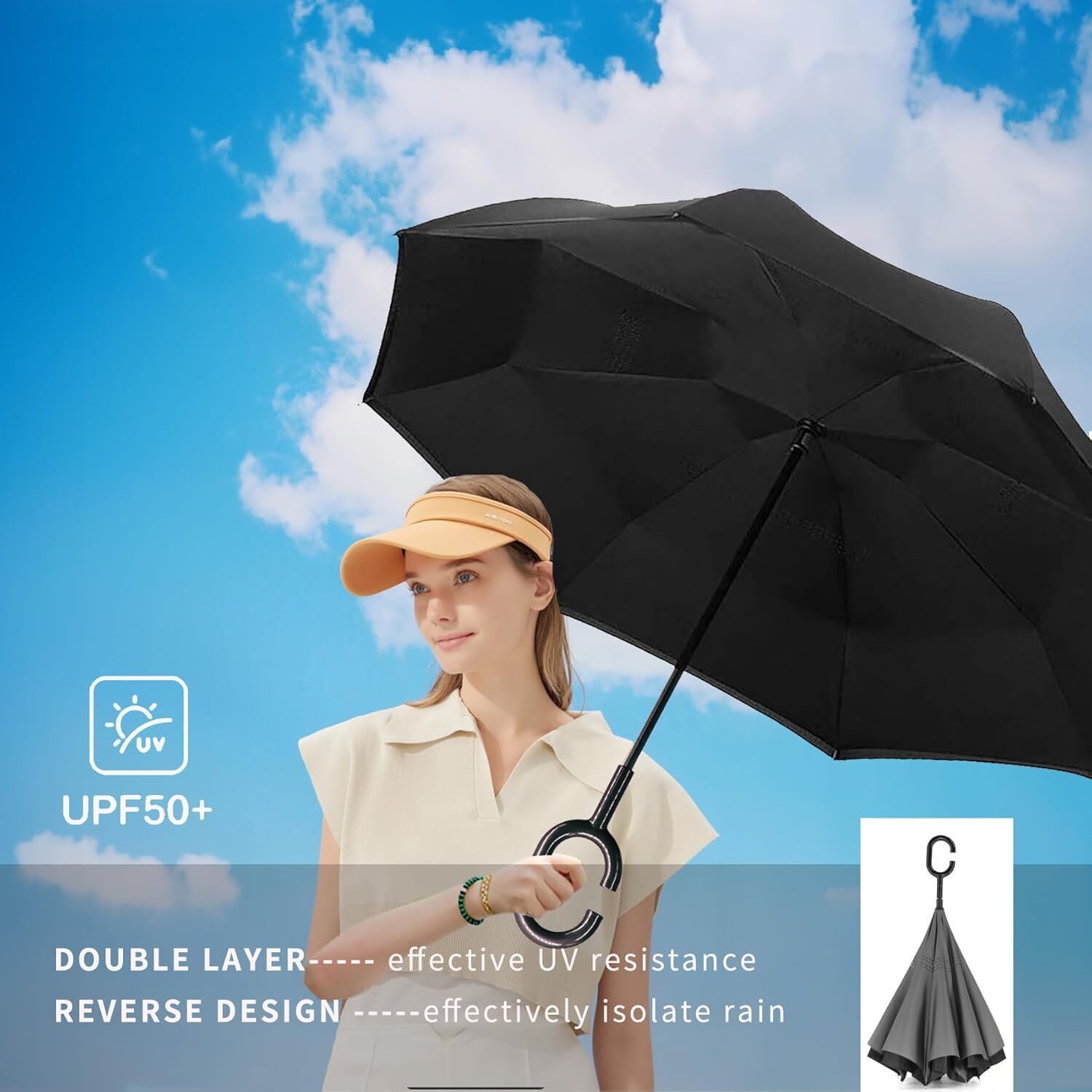 Premium Reverse Folding Umbrella – Black with C-Handle