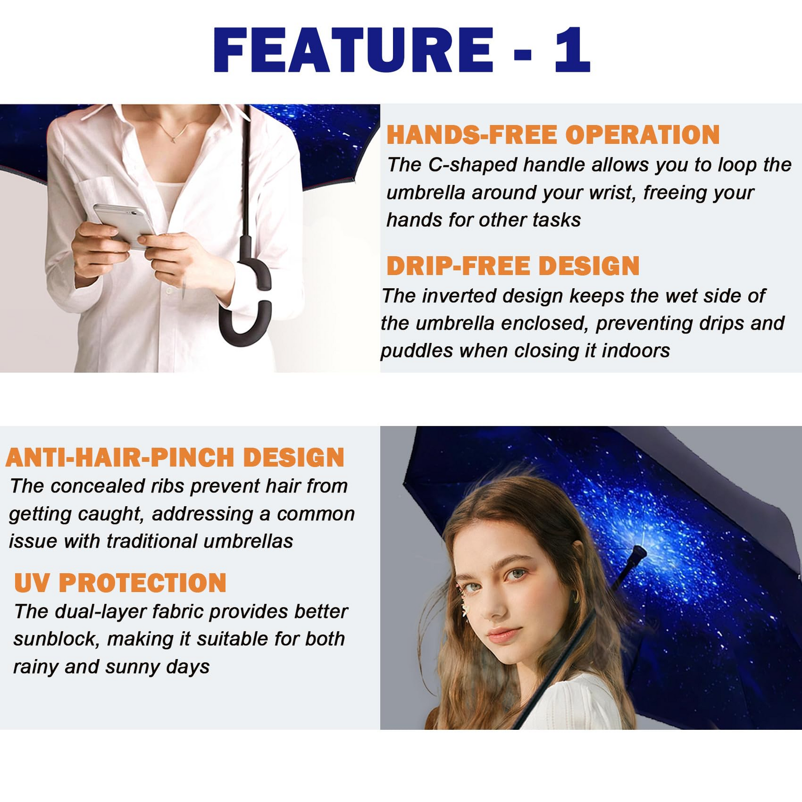 Reverse Folding Umbrella Windproof Double Layer C-Handle Galaxy Print - SuperSaverAU - view 3