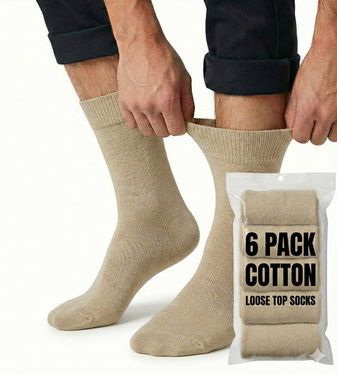 Premium 6 Pair Beige Cotton Rich Loose Top Diabetic Comfort Socks 2-8