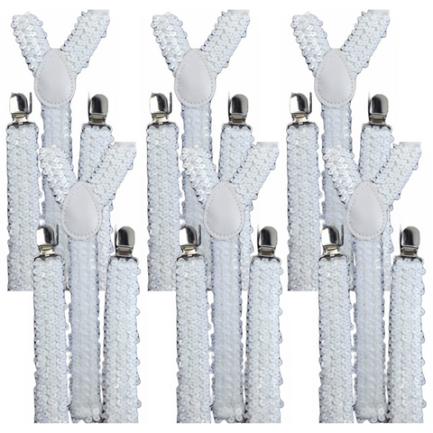Premium 6 Pack Men's White Sequin Adjustable Y Back Suspenders