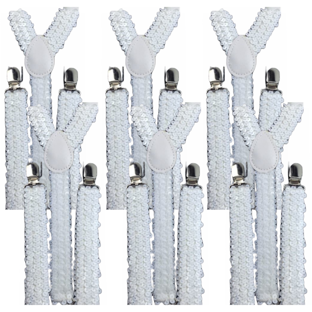 Premium 6 Pack Men's White Sequin Adjustable Y Back Suspenders