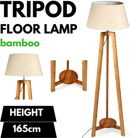 Natural Large Bamboo Tripod Floor Lamp 155cm with Beige Linen Shade - SuperSaverAU - view 1