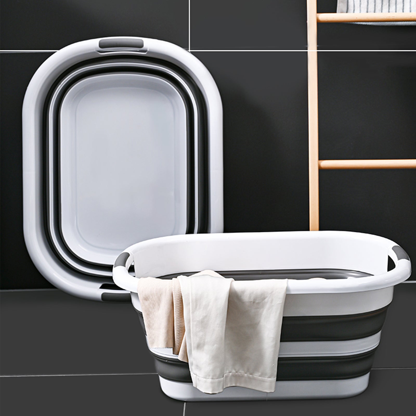 Premium Collapsible Laundry Basket with Handles - Grey/White, 45L