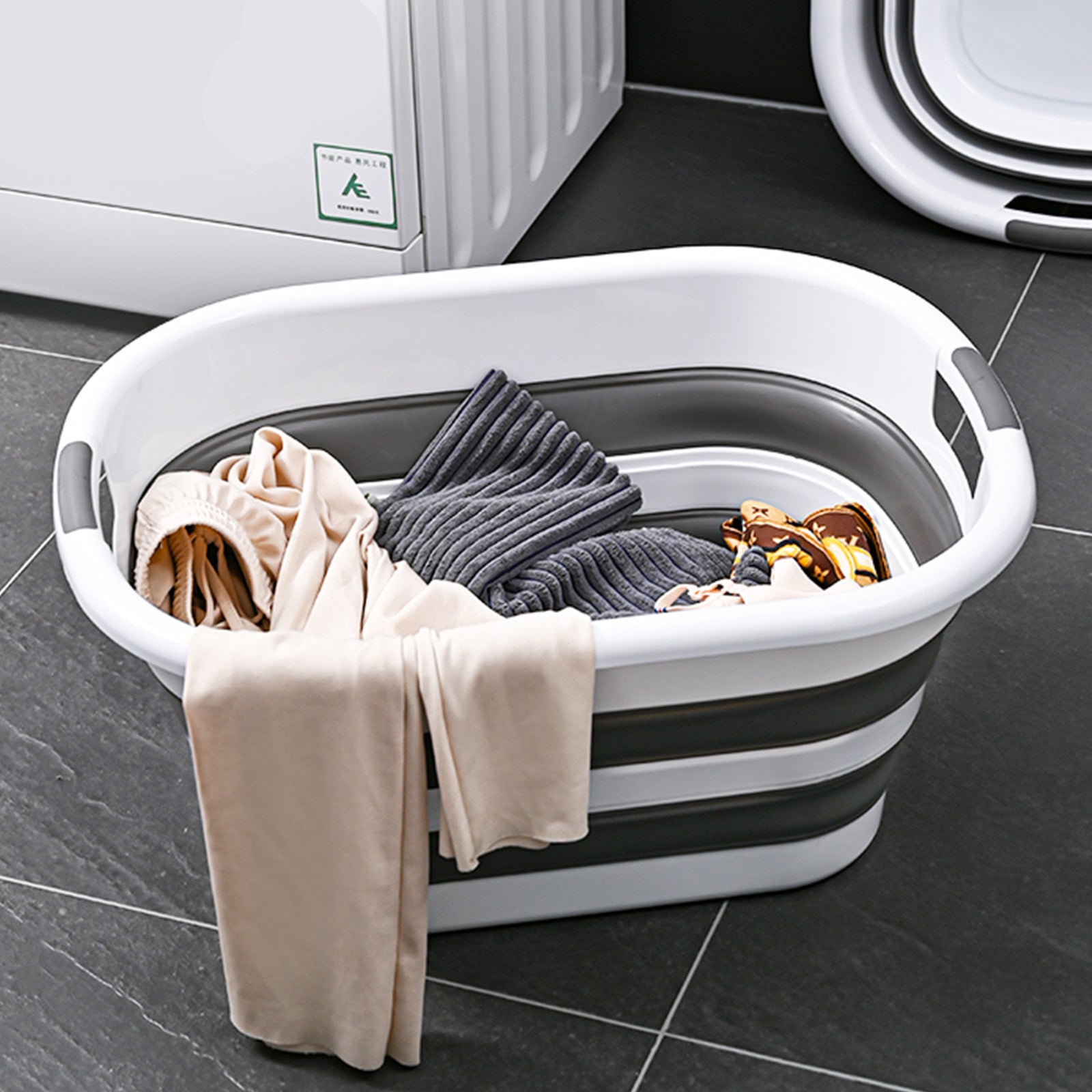 Premium Collapsible Laundry Basket with Handles - Grey/White, 45L