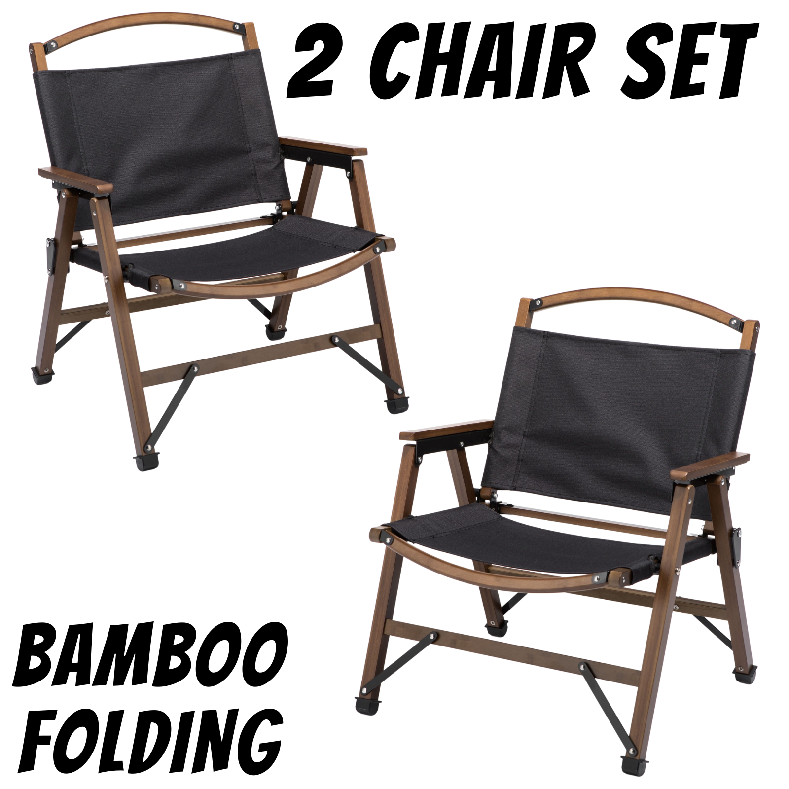 Premium Bamboo Canvas Camping Chairs - 2 Pack, Black