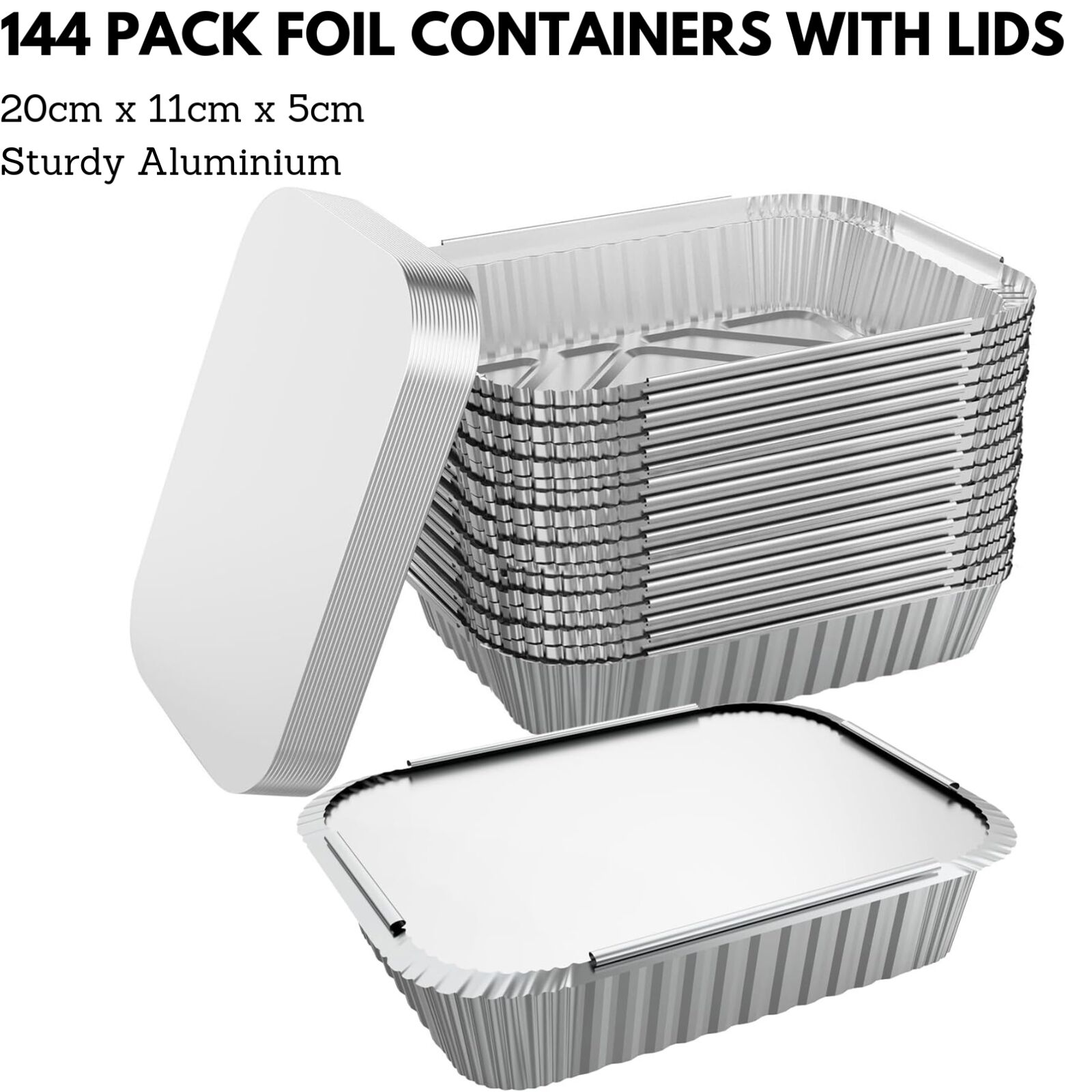 Premium Aluminium Foil Food Containers with Lids – 20 x 11 x 5cm, 144 Pack