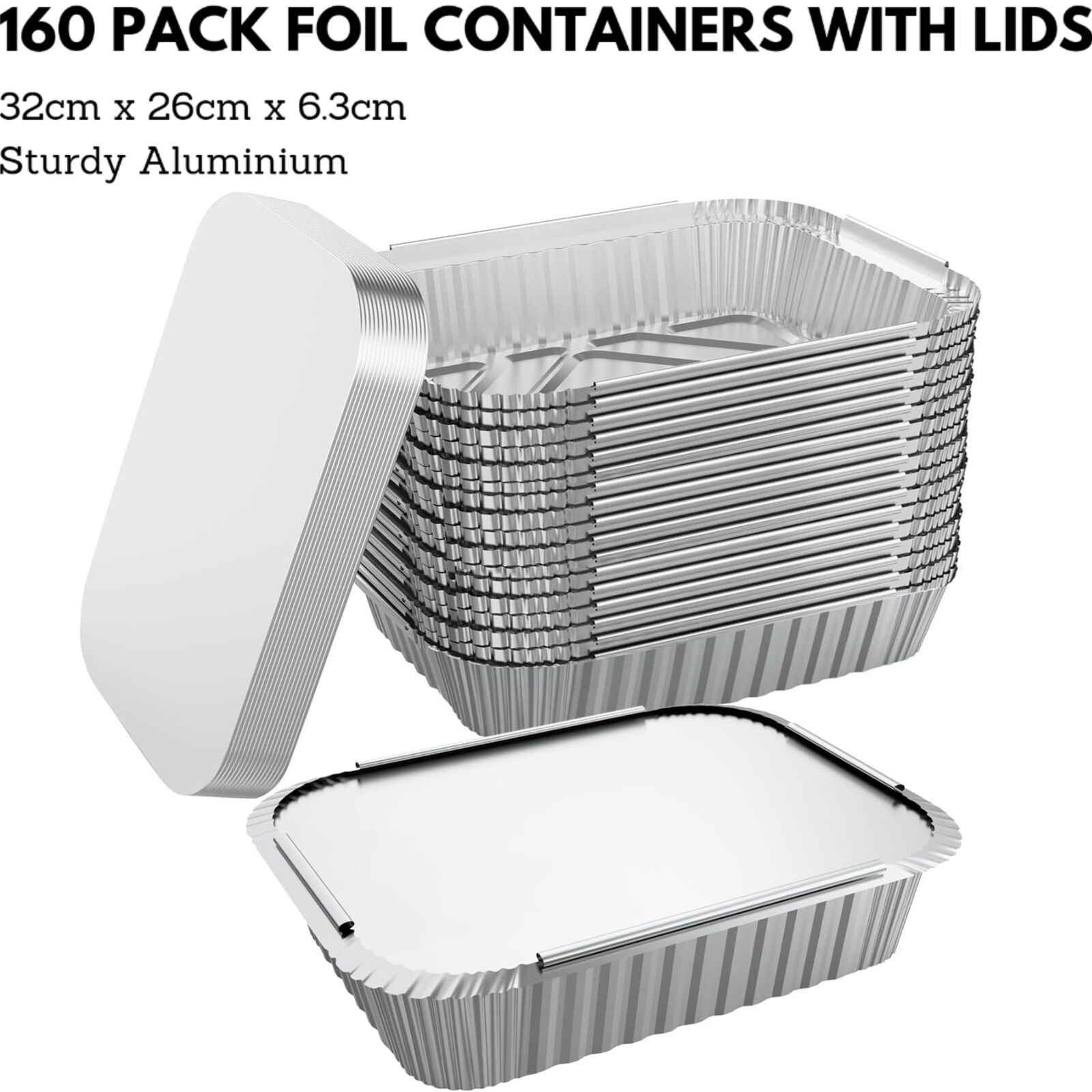 160x Aluminium Disposable Foil Food Container Trays with Lids 32cm x 26cm x 6.3cm - SuperSaverAU - view 2