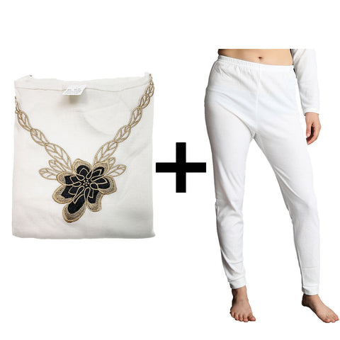 Premium Women's Beige Merino Wool Blend Thermal Top and Pants Set 10-12