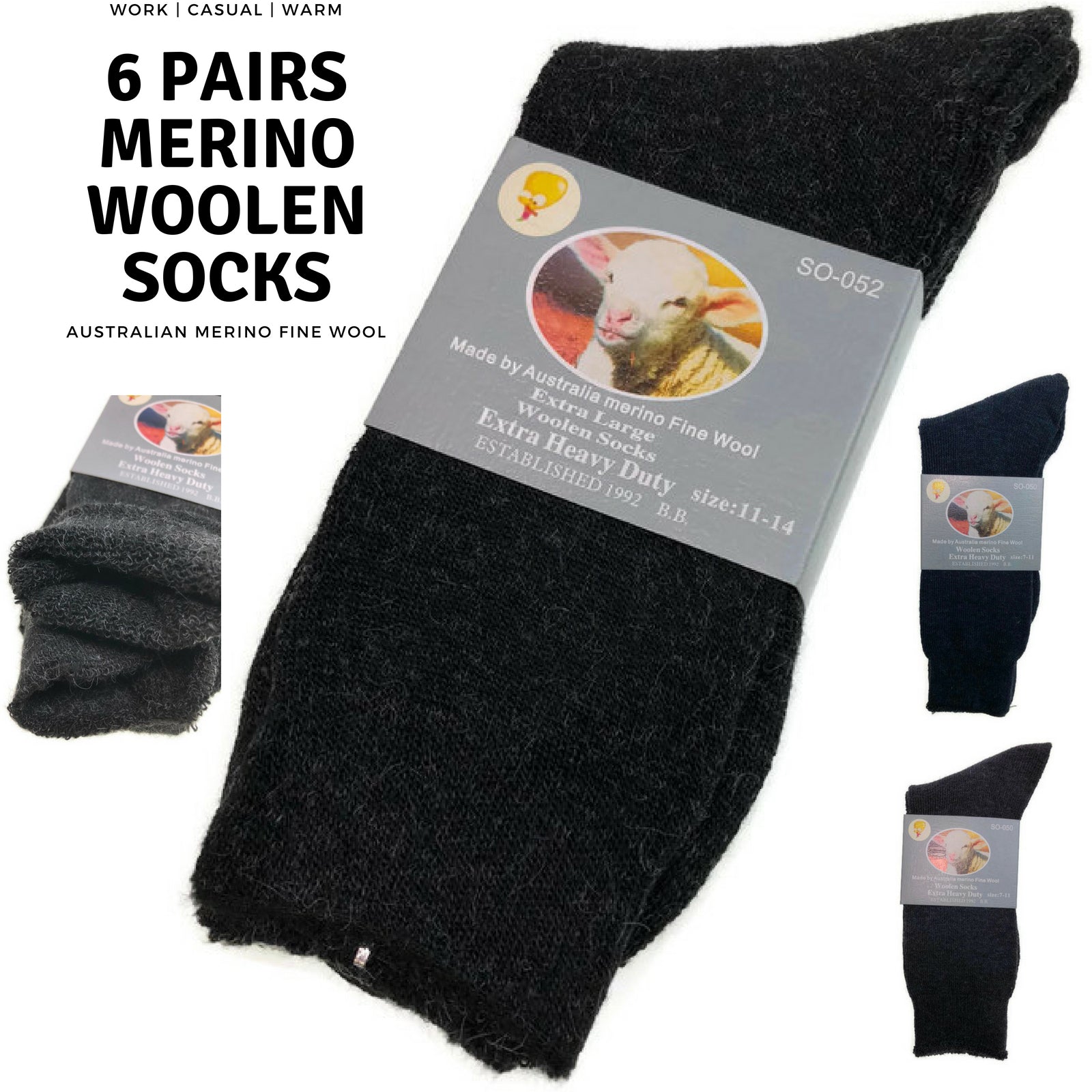 Premium 6 Pair Navy Merino Wool Blend Heavy Duty Work Socks 11-14