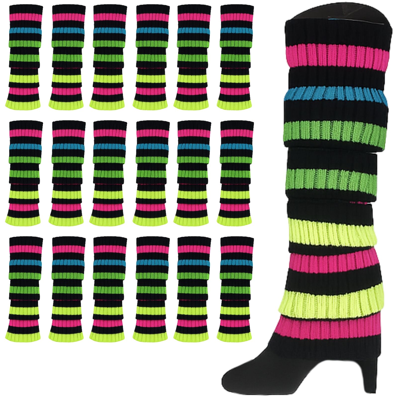 Premium 24 Pair Rainbow Black Stripe Women's 80s Knit Leg Warmers