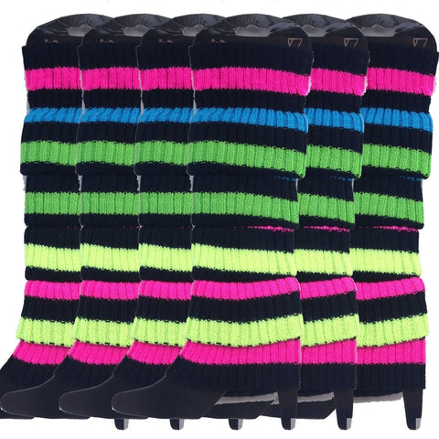 Premium 6 Pair Women's Knit Leg Warmers Dance Costume Socks Rainbow Black Stripe