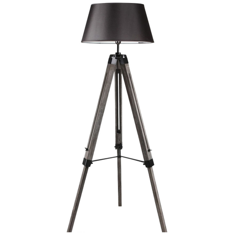 Large Tripod Floor Lamp 144.5cm Antique Wood Base Black Linen Shade Retro Design - SuperSaverAU - view 1