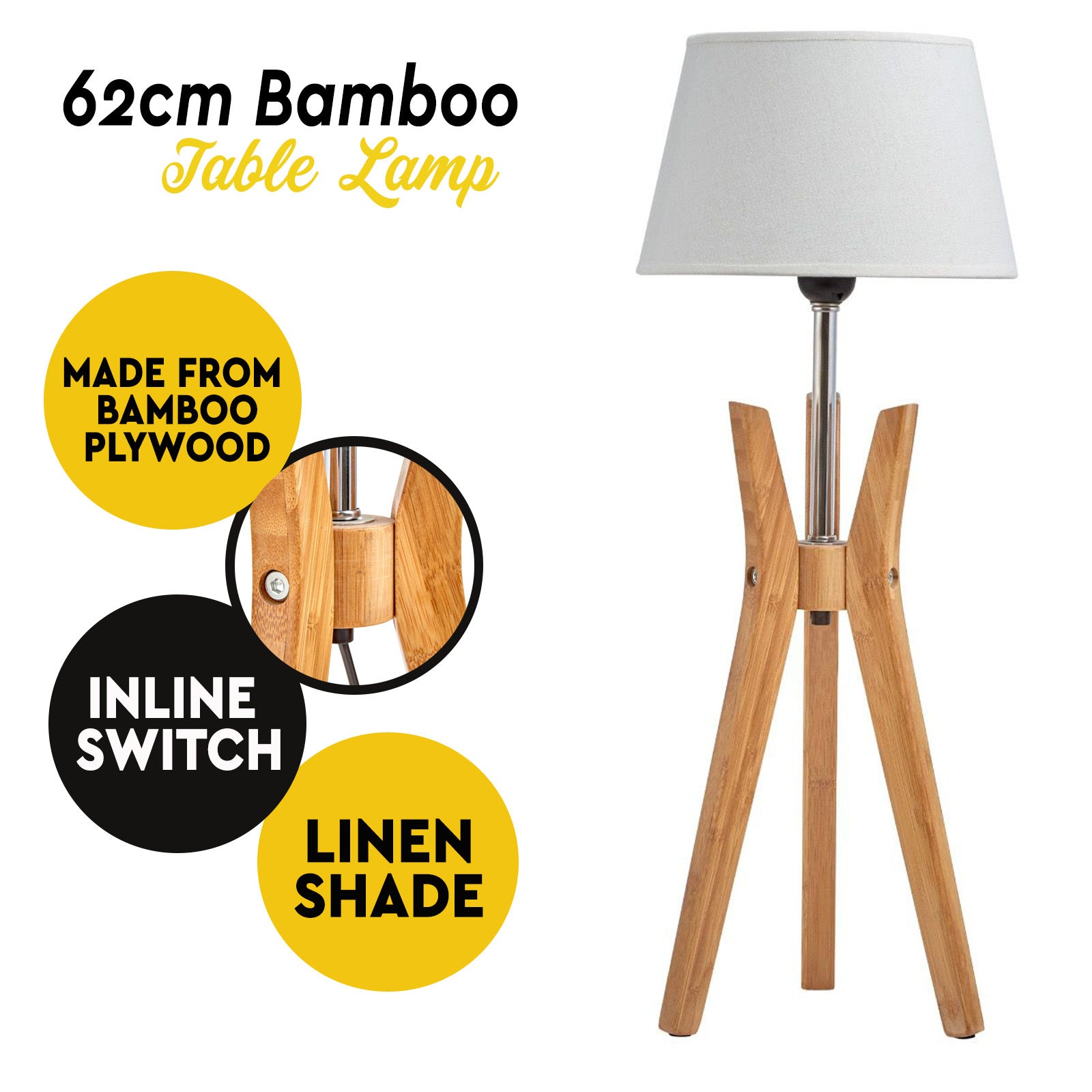 Premium Bamboo Tripod Table Lamp with White Linen Shade - 62cm