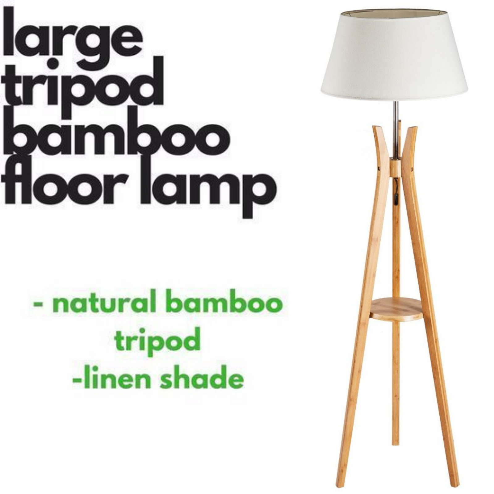 Premium Bamboo Tripod Floor Lamp with Linen Shade - 156cm