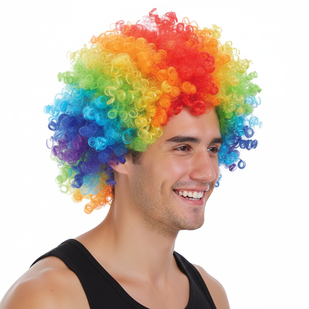 Mens DELUXE AFRO WIG Curly Hair Costume Party LGBTQ Disco 70s 80s Pride - Rainbow - SuperSaverAU - view 3