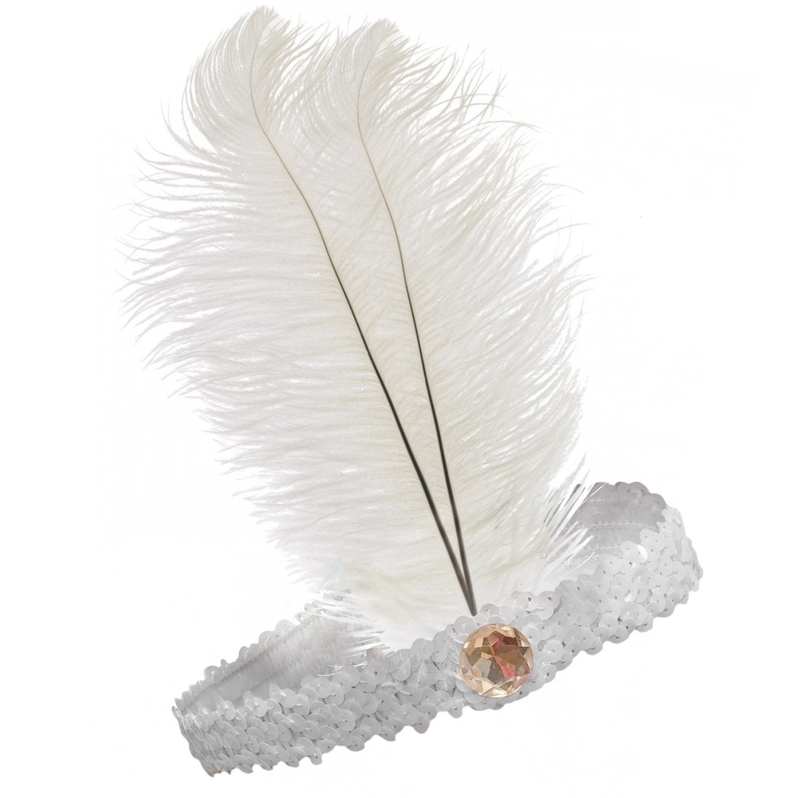 Premium 1920s Flapper Headband with Feather - White