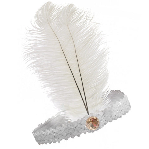 Premium 1920s Flapper Headband with Feather - White