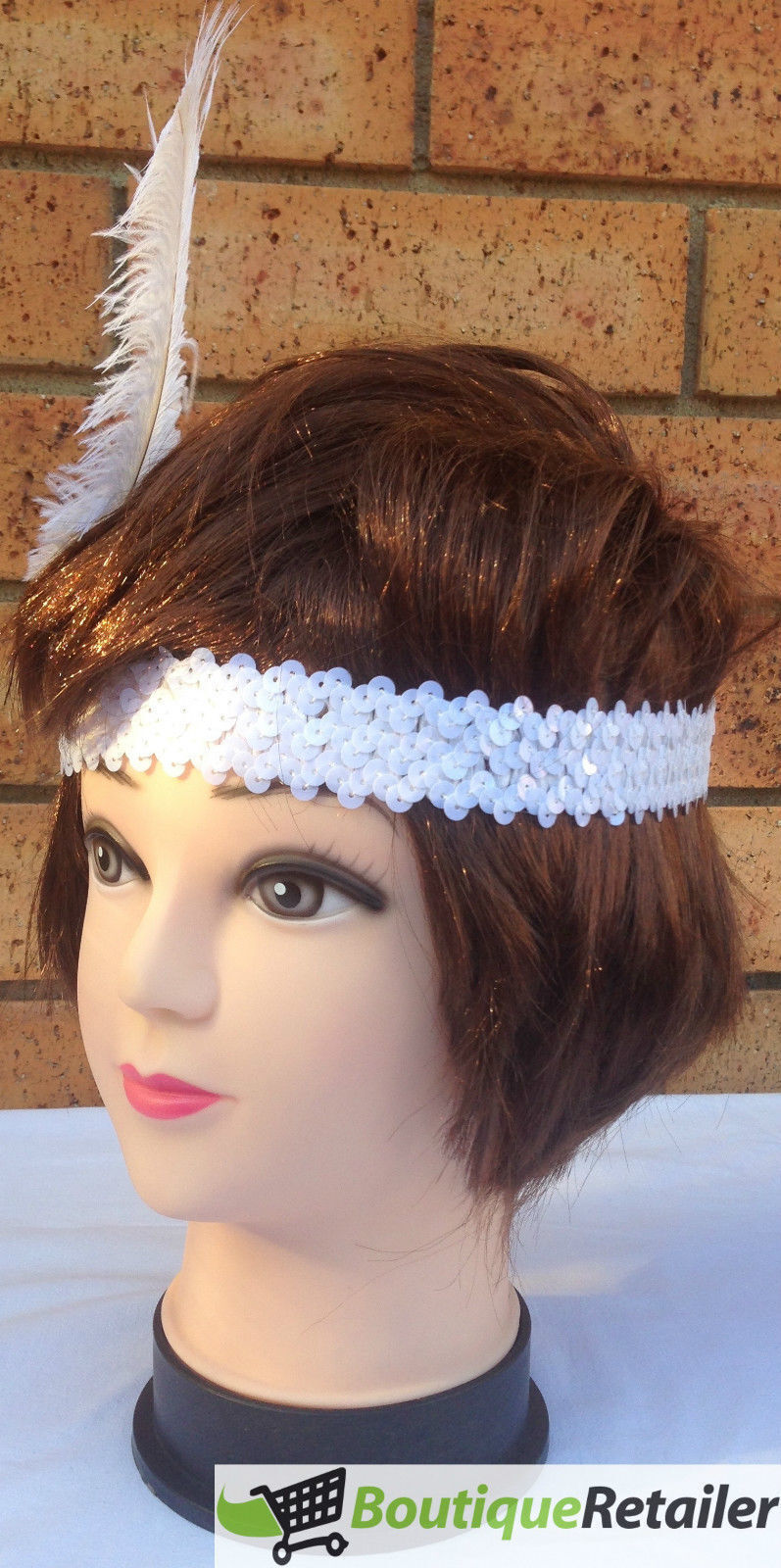Premium 1920s Flapper Headband with Feather - White