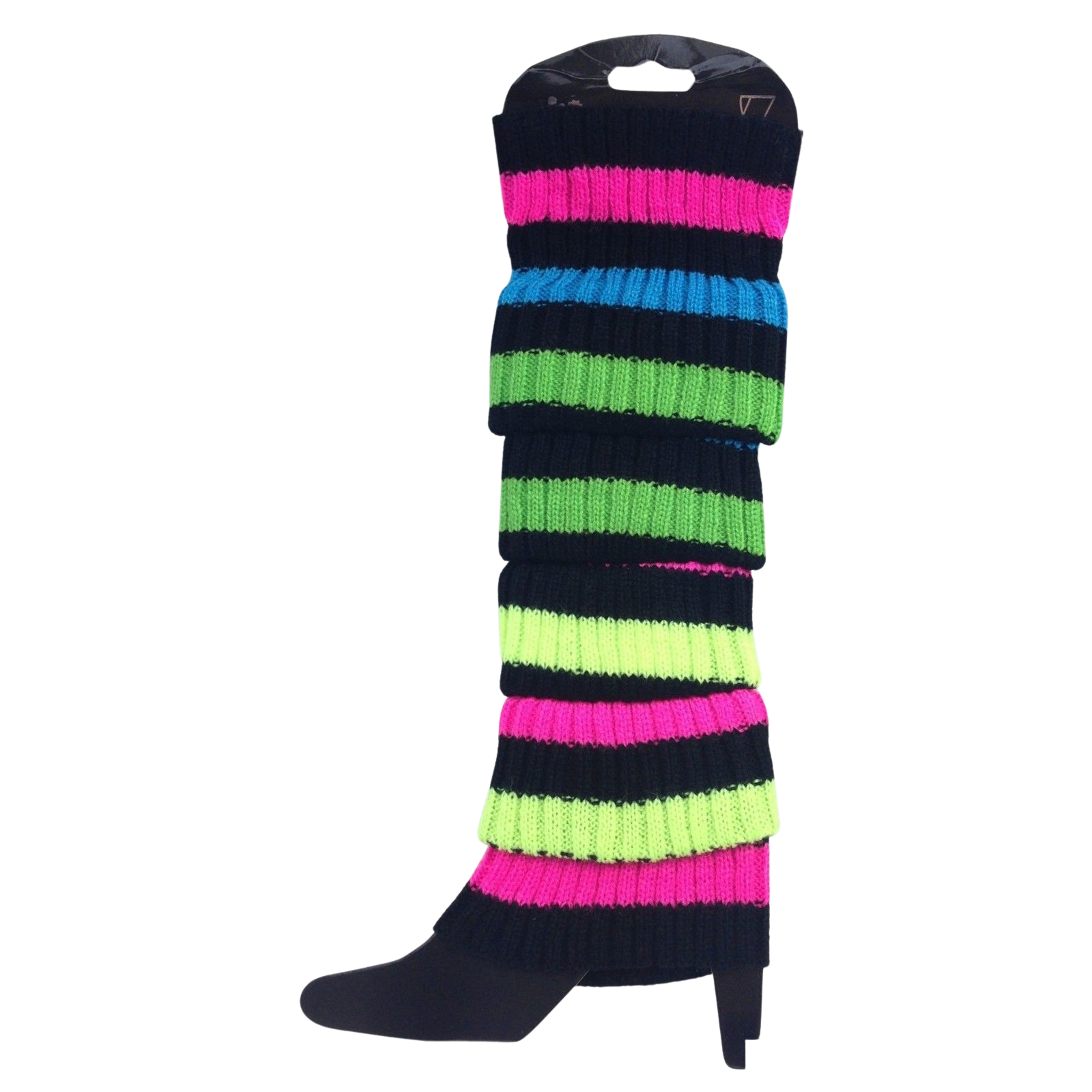Premium Women's Knitted Leg Warmers Pair - Rainbow with Black Stripe