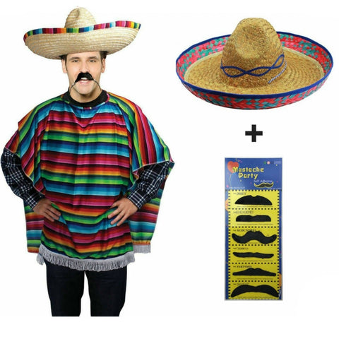 MEXICAN PONCHO & SOMBRERO SET Costume Wild West Moustache Cowboy Bandit Party - SuperSaverAU - view 1
