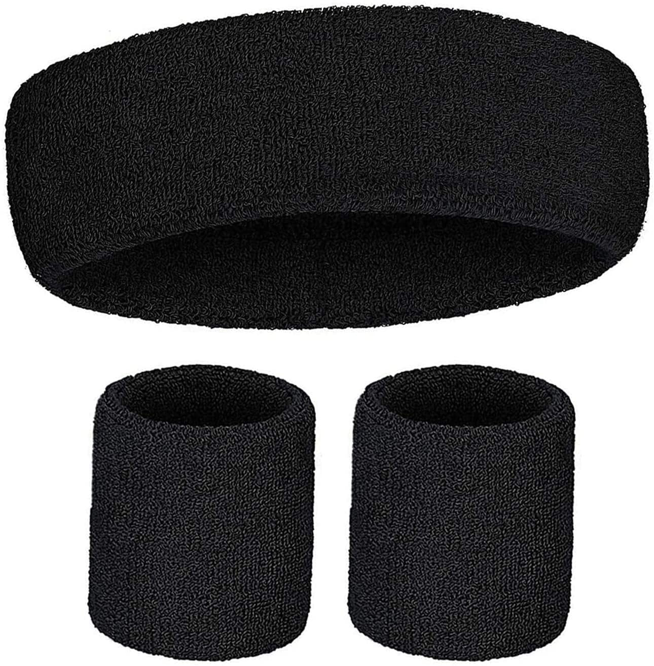 WRISTBAND & HEADBAND SET Tennis Terry Towelling Cotton Sweat Band Team Gym - Black - SuperSaverAU - view 1