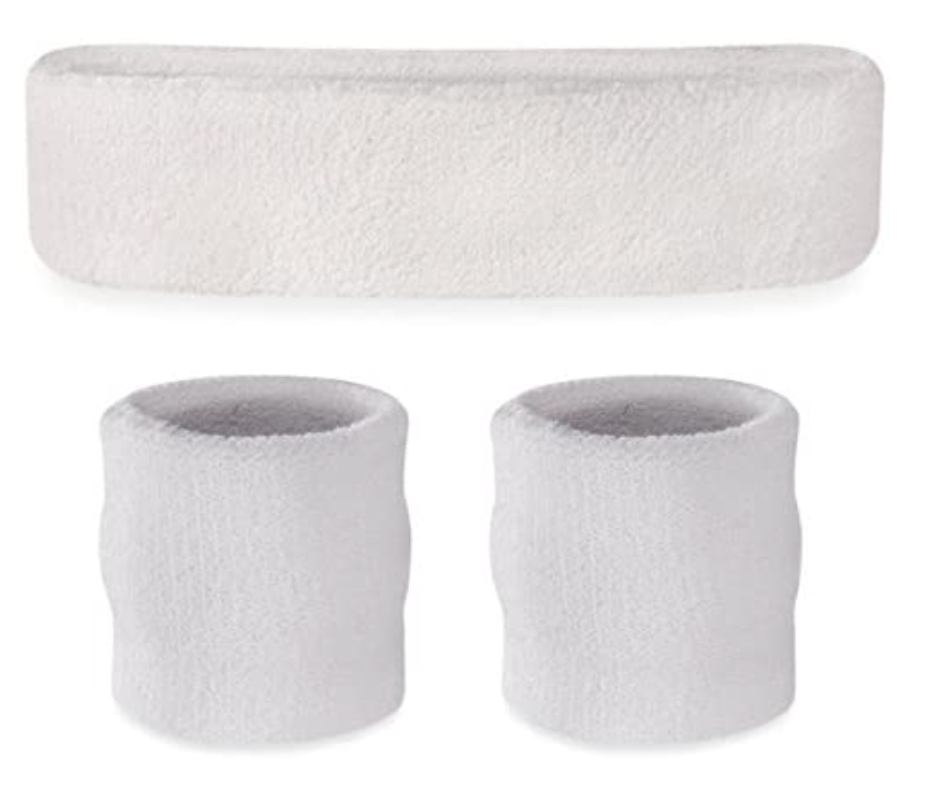 WRISTBAND & HEADBAND SET Tennis Terry Towelling Cotton Sweat Band Team Gym - White - SuperSaverAU - view 1