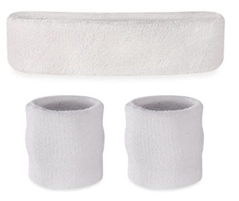 WRISTBAND & HEADBAND SET Tennis Terry Towelling Cotton Sweat Band Team Gym - White - SuperSaverAU - view 1
