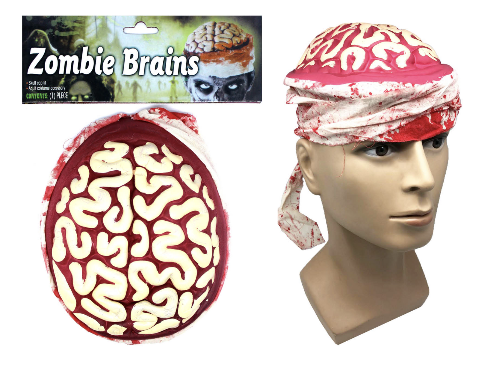 Premium Zombie Brain Skull Cap with Bandage - Latex