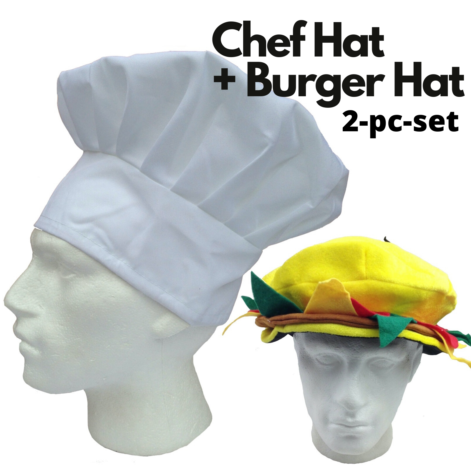 Premium Chef Hat & Burger Hat Costume Set - 2pcs