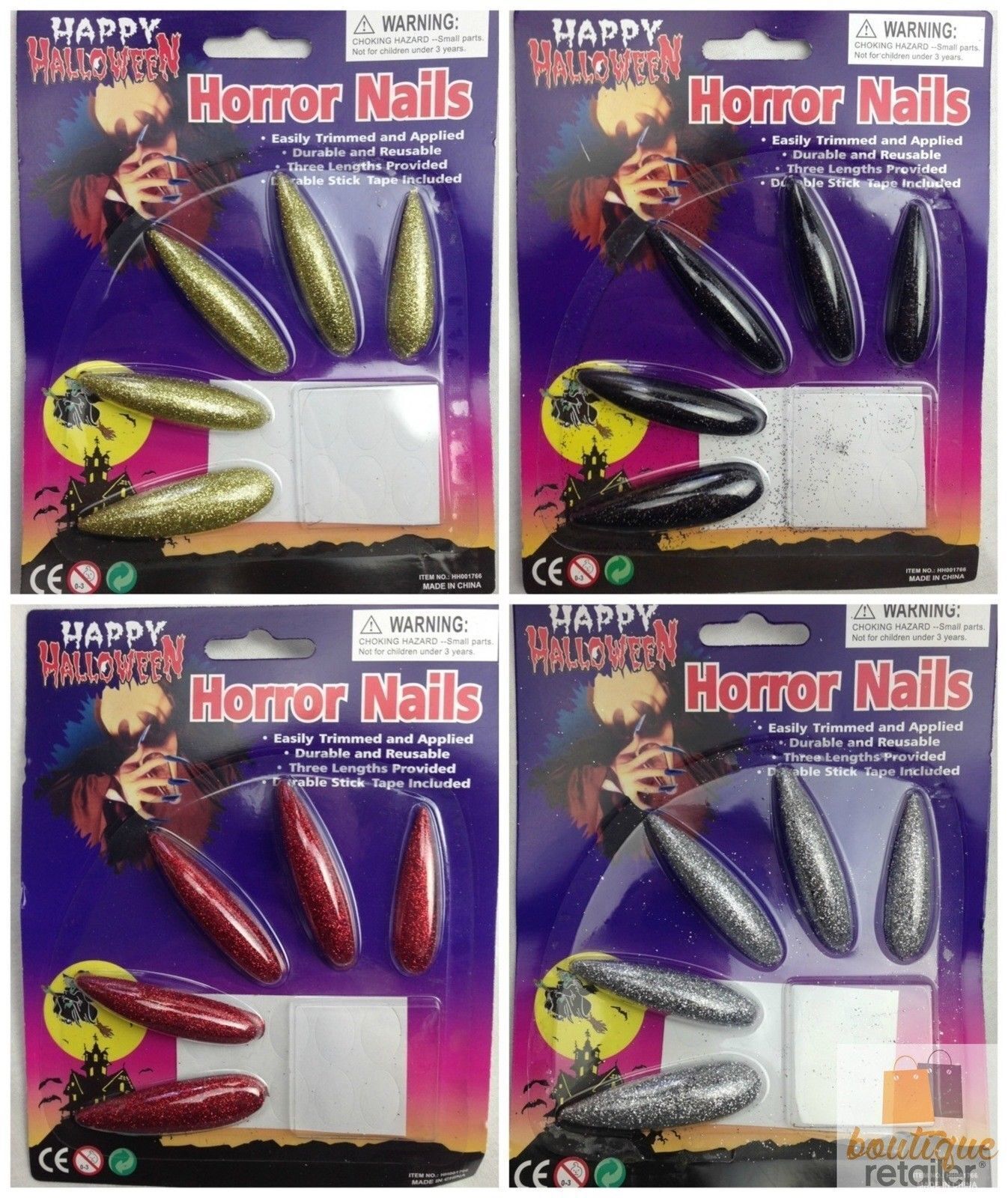Premium Gold Glitter Horror Nails 10 Pack Halloween Vampire Costume Nail Set