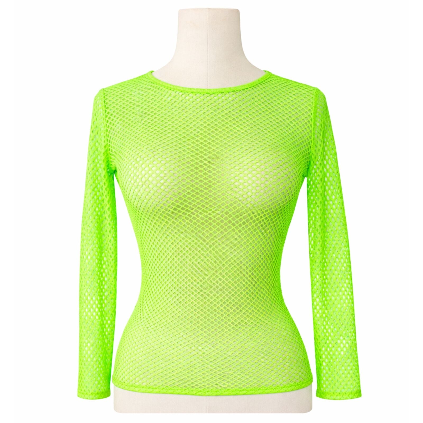 Premium Women's Fluro Green Long Sleeve Fishnet Mesh Sheer Party Top