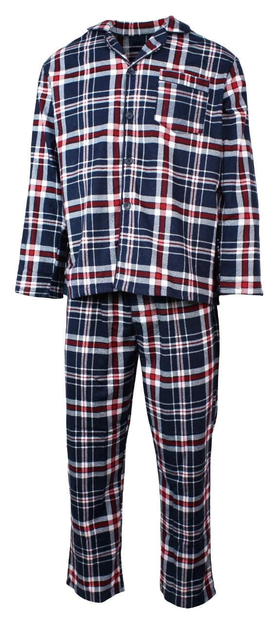 Premium Men's Navy Red Check 100% Cotton Flannelette Pyjama Set L