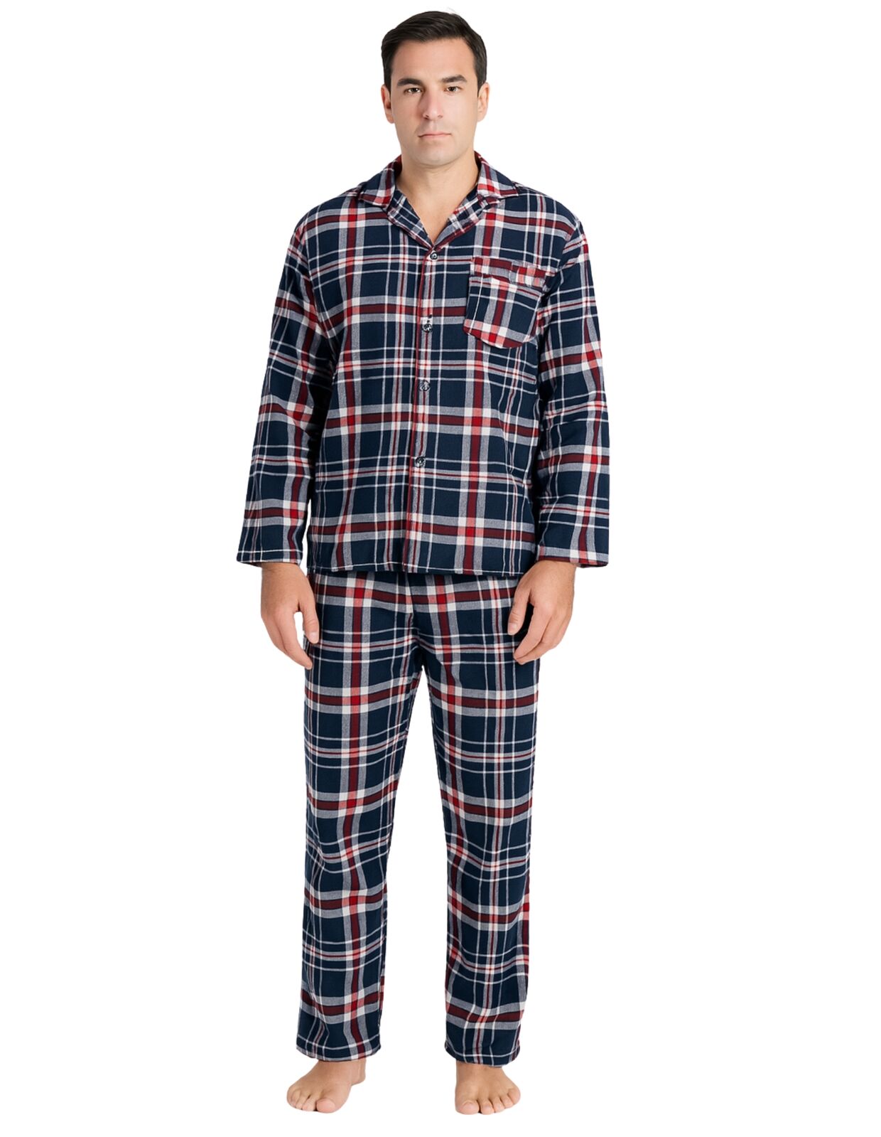Premium Men's Navy Red Check 100% Cotton Flannelette Pyjama Set S
