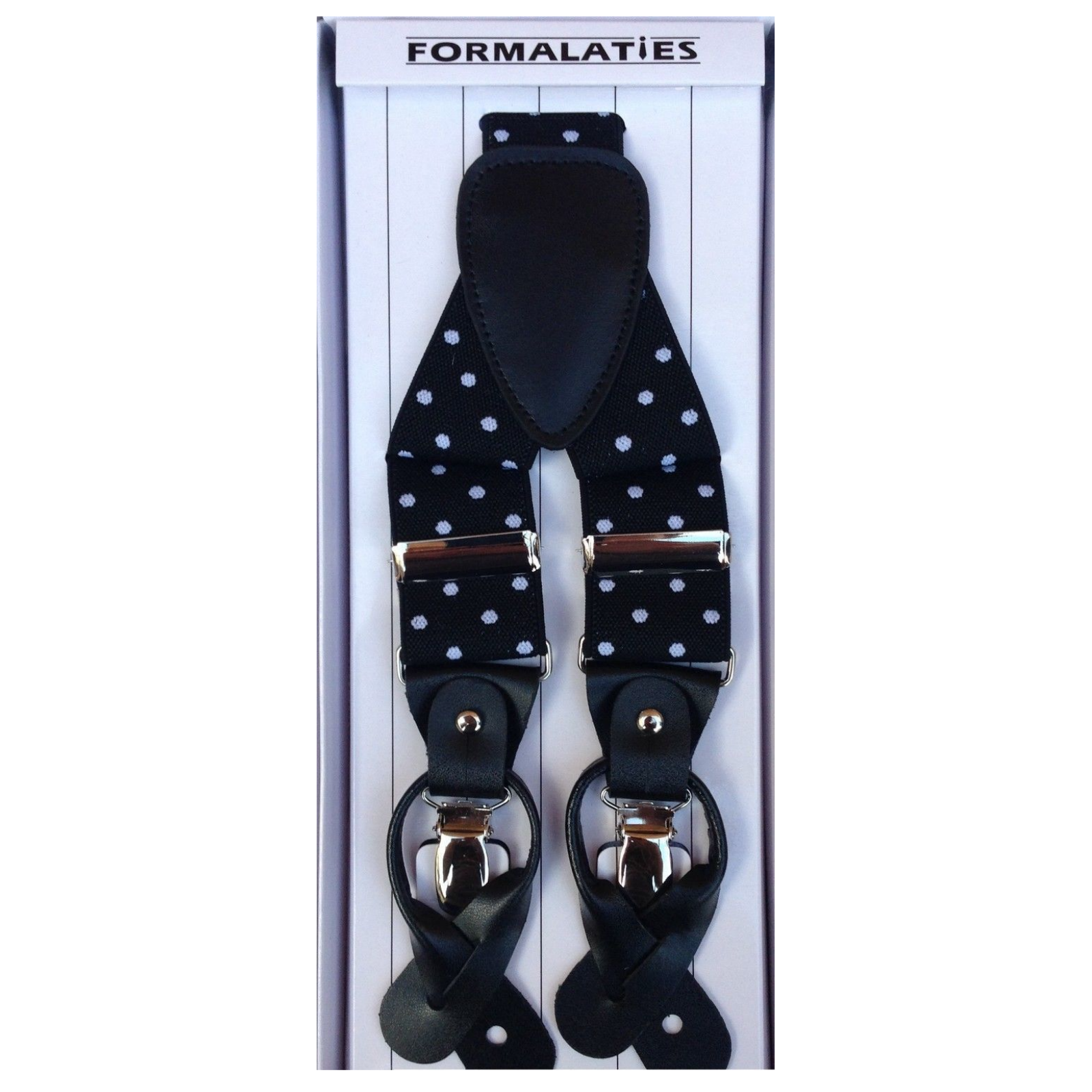 Premium Men's Polka Black White Convertible Clip On Y Back Suspenders