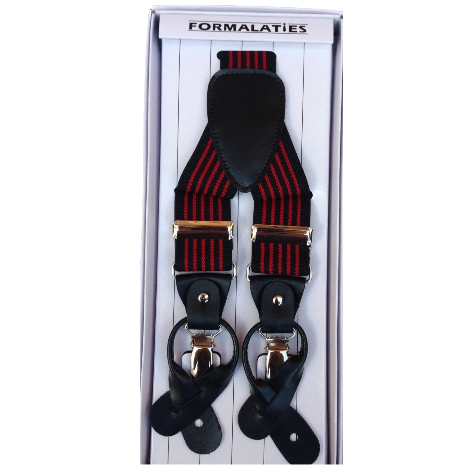 Premium Men's Stripe Black Red Convertible Clip On Y Back Suspenders